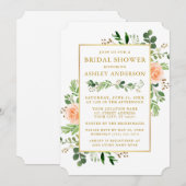 ウォーターカラーピーチバラグリーンリー金ゴールドブライダルシャワー 招待状 (正面/裏面)