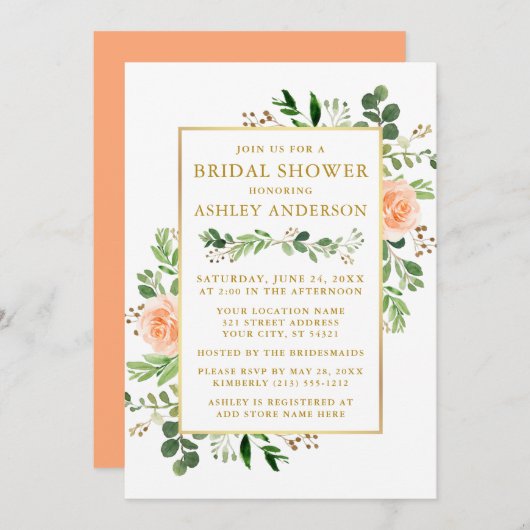 ウォーターカラーピーチバラブライダルシャワーグリーンリー金ゴールド 招待状 (正面/裏面)