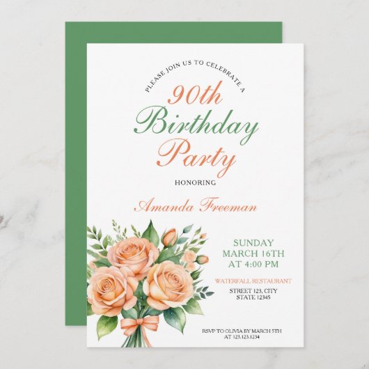 ウォーターカラーピーチバラブーケ90誕生日 招待状 (正面/裏面)