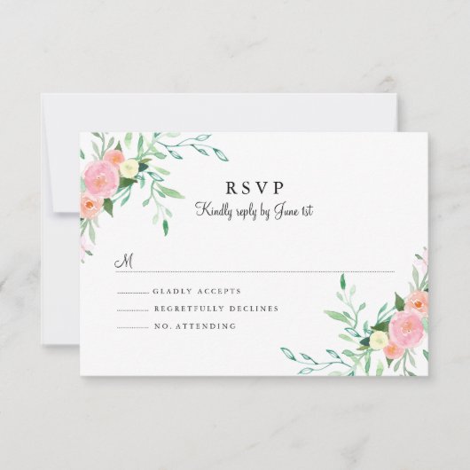 ウォーターカラーピーチピンクの結婚式RSVP 出欠カード (正面)