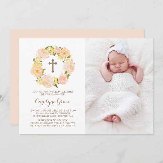 ウォーターカラーピーチピーニーリースフォトベビー賛美ズ 招待状 (正面/裏面)