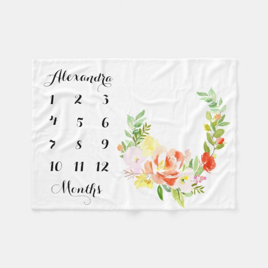 ウォーターカラーピーチピーニーリースベビーマイルストーン フリースブランケット (正面(横))