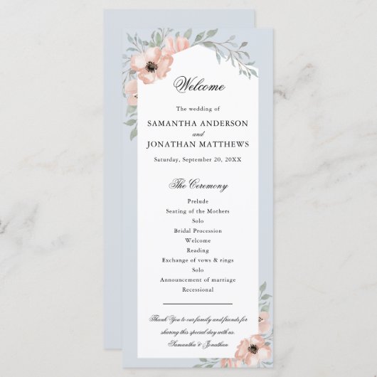 ウォーターカラーピーチフローラダスティブルー結婚式 プログラム (正面/裏面)