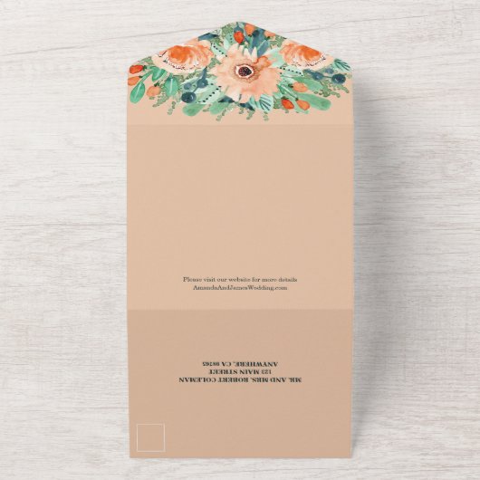 ウォーターカラーピーチフローラティール（緑がかった色）結婚ズ オールインワン招待状 (外側)