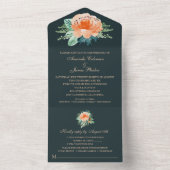 ウォーターカラーピーチフローラティール（緑がかった色）結婚ズ オールインワン招待状 (内側)