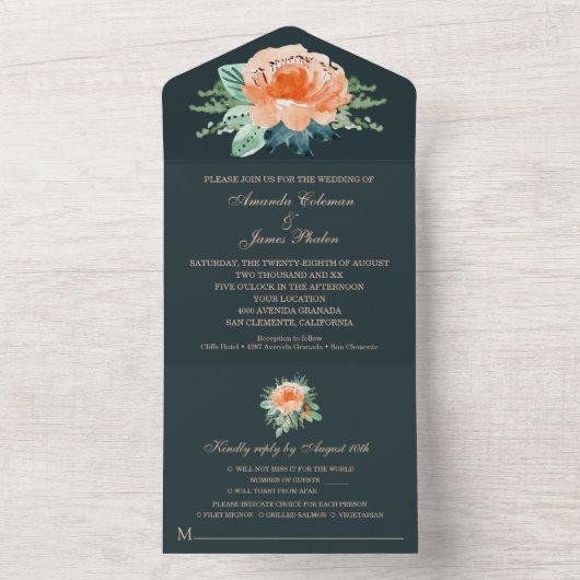 ウォーターカラーピーチフローラティール（緑がかった色）結婚ズ オールインワン招待状 (内側)
