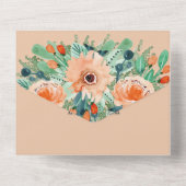 ウォーターカラーピーチフローラティール(緑がかった色)結婚ズ オールインワン招待状 (裏面)