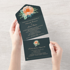 ウォーターカラーピーチフローラティール（緑がかった色）結婚ズ オールインワン招待状