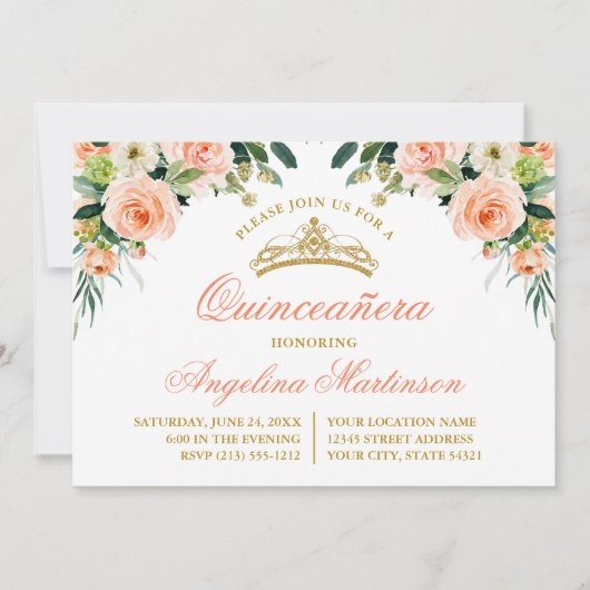 ウォーターカラーピーチホワイトフローラキンセアニェラパーティー 招待状 (正面)