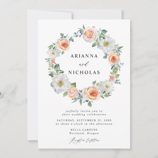 ウォーターカラーピーチ&ホワイトフローラリース結婚ズ 招待状 (正面)