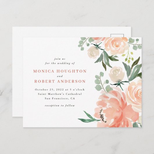 ウォーターカラーピーチ&赤面ピンクフローラ結婚ズ インビテーションポストカード (正面/裏面)