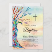 ウォーターカラーファミリーツリーバプテスマ《キリスト教》洗礼式や命名式 招待状 (正面)