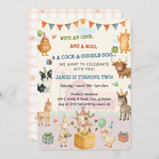 ウォーターカラーファーミヤードオインクバアモーファームおもしろい誕生日 招待状 (正面/裏面)
