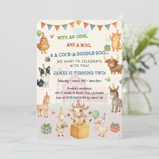 ウォーターカラーファーミヤードオインクバアモーファームおもしろい誕生日 招待状 (スタンド正面)