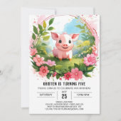 ウォーターカラーファーミヤードデライトピグガール誕生日 招待状 (正面)