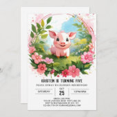 ウォーターカラーファーミヤードデライトピグガール誕生日 招待状 (正面/裏面)