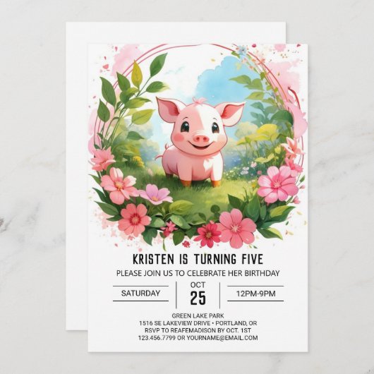 ウォーターカラーファーミヤードデライトピグガール誕生日 招待状 (正面/裏面)