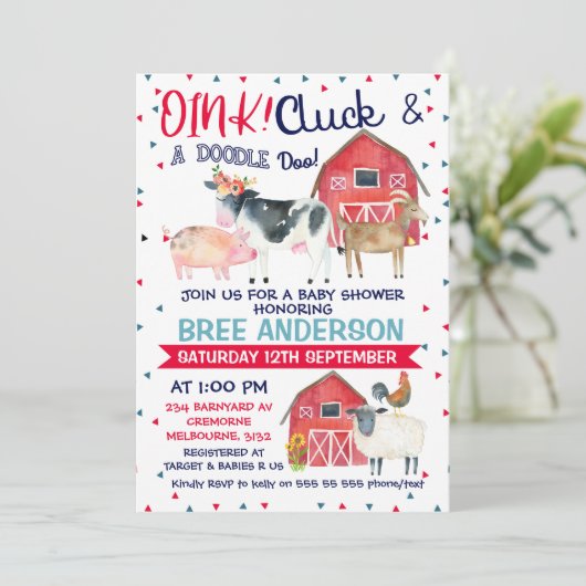 ウォーターカラーファームをテーマにしたベビーシャワーの招待 招待状 (スタンド正面)