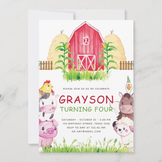 ウォーターカラーファームアニマルズ誕生日 招待状 (正面)