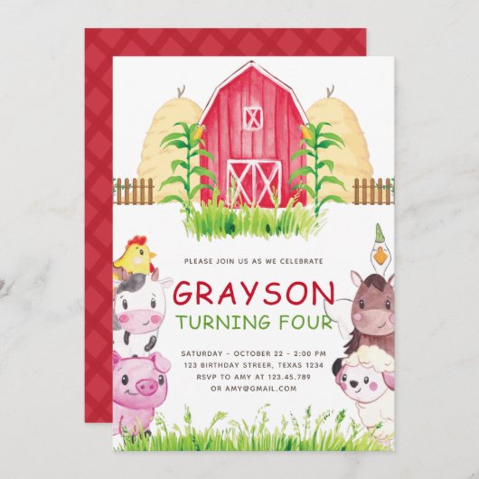 ウォーターカラーファームアニマルズ誕生日 招待状 (正面/裏面)