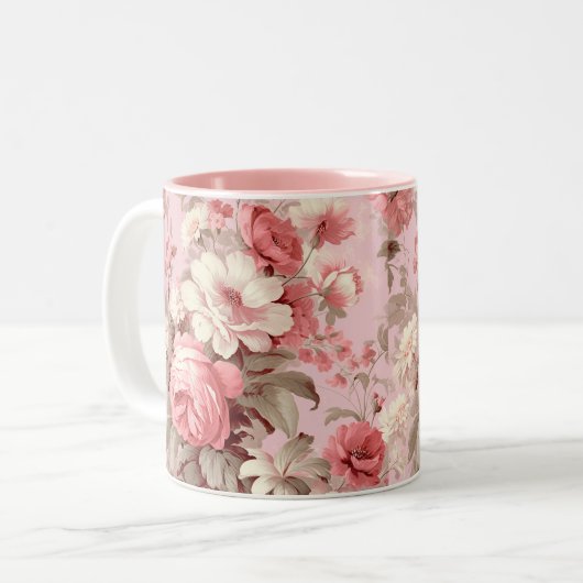 ウォーターカラーファームハウスピンクローズ&ホワイトコスモス ツートーンマグカップ (正面左)