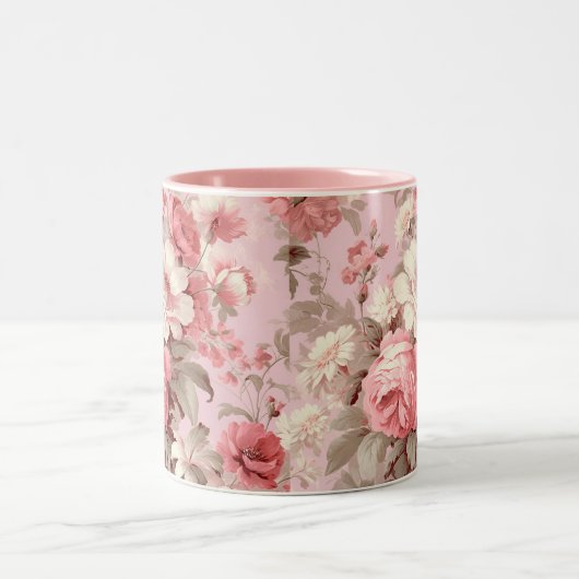 ウォーターカラーファームハウスピンクローズ&ホワイトコスモス ツートーンマグカップ (中央)