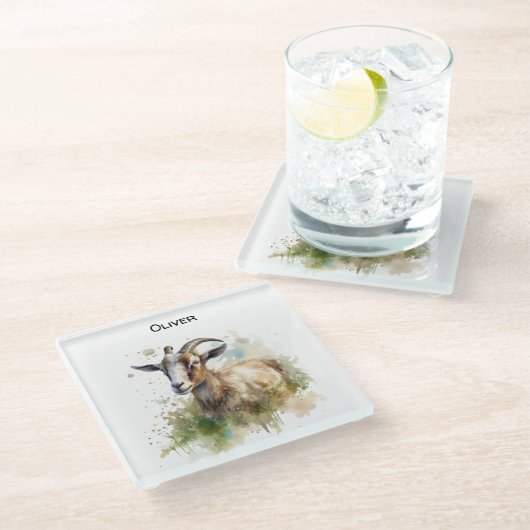 ウォーターカラーファームハウスヤギカスタム ガラスコースター (アングル)
