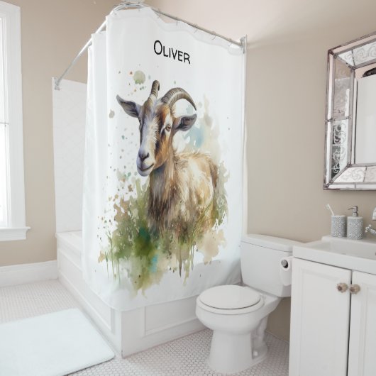 ウォーターカラーファームハウスヤギカスタム シャワーカーテン (インサイチュ)