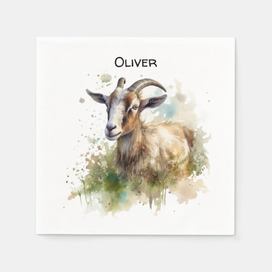 ウォーターカラーファームハウスヤギカスタム スタンダードカクテルナプキン (正面)