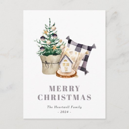 ウォーターカラーファームハウス素朴クリスマス シーズンポストカード (正面)