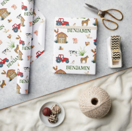 ウォーターカラーファーム誕生日動物名前をカスタムする ラッピングペーパー