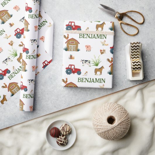 ウォーターカラーファーム誕生日動物名前をカスタムする ラッピングペーパー (クラフト)