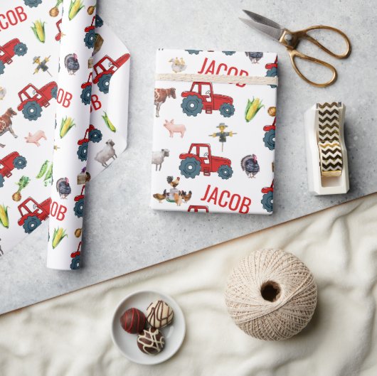 ウォーターカラーファーム誕生日動物名前をカスタムする ラッピングペーパー (クラフト)