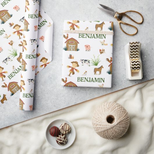 ウォーターカラーファーム誕生日動物名前をカスタムする ラッピングペーパー (クラフト)