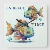 ウォーターカラーフィッシュビーチハウス スクエア壁時計 (正面)