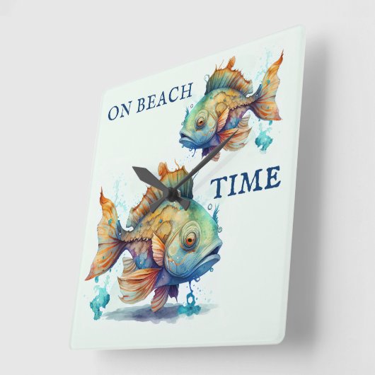 ウォーターカラーフィッシュビーチハウス スクエア壁時計 (傾斜)