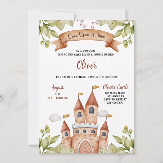 ウォーターカラーフェアユタリーキャッスル子供の誕生日パーティー 招待状 (正面)