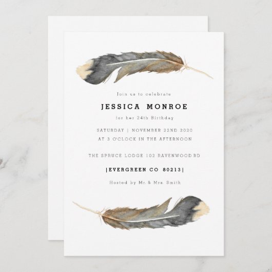 ウォーターカラーフェザーデュオ誕生日 招待状 (正面/裏面)