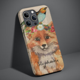 ウォーターカラーフォックス フラワーコラージュ 名前入り Case-Mate iPhone 14ケース