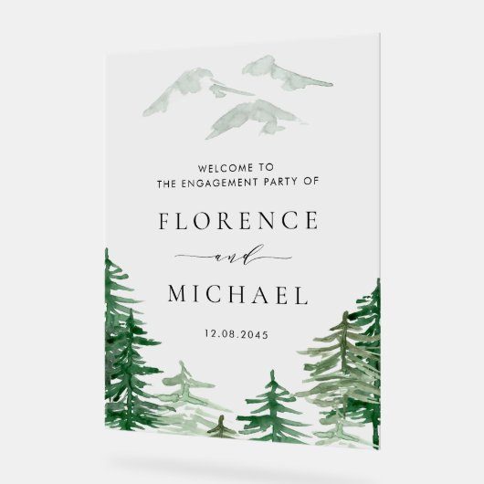 ウォーターカラーフォレストウッドランドウィンター婚約パーティ アクリルサイン (傾斜)
