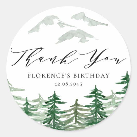 ウォーターカラーフォレストウッドランド誕生日有難う ラウンドシール (正面)