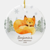 ウォーターカラーフォレストキツネベビーの初めてのクリスマス セラミックオーナメント (裏面)