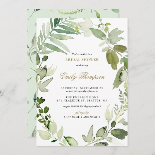 ウォーターカラーフォレストグリーンリーブライダルシャワー 招待状 (正面/裏面)