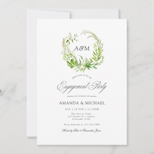 ウォーターカラーフォレストグリーンリー婚約パーティ 招待状 (正面)