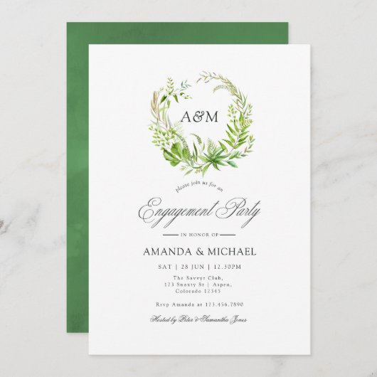 ウォーターカラーフォレストグリーンリー婚約パーティ 招待状 (正面/裏面)