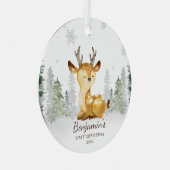 ウォーターカラーフォレストディアベビーの初めてのクリスマス メタルオーナメント (正面右)