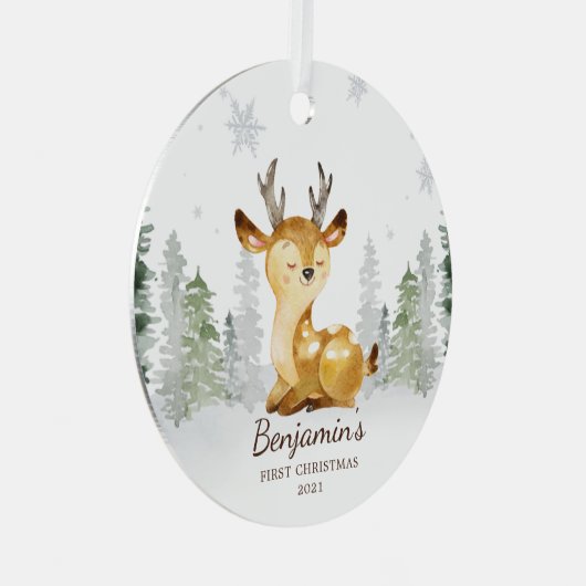 ウォーターカラーフォレストディアベビーの初めてのクリスマス メタルオーナメント (正面右)