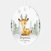 ウォーターカラーフォレストディアベビーの初めてのクリスマス メタルオーナメント (正面左)