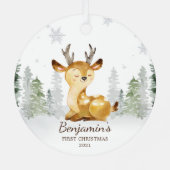 ウォーターカラーフォレストディアベビーの初めてのクリスマス メタルオーナメント (裏面)