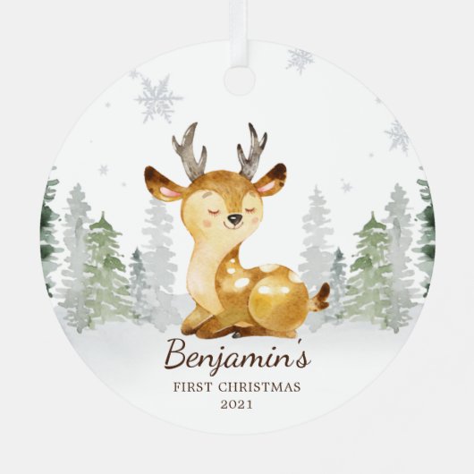 ウォーターカラーフォレストディアベビーの初めてのクリスマス メタルオーナメント (裏面)